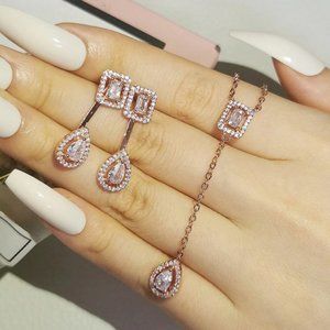 Sterling Silver 925 Rose Gold Teardrop/Rectangle Lariat  Necklace & Earr…